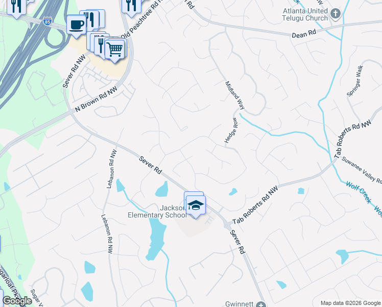 map of restaurants, bars, coffee shops, grocery stores, and more near 1300 Steeple Run in Lawrenceville