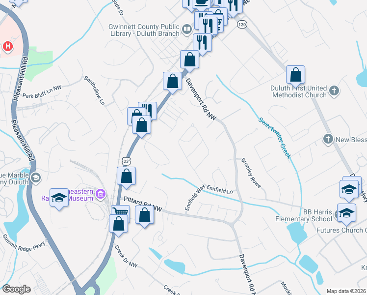 map of restaurants, bars, coffee shops, grocery stores, and more near 3235 Ennfield Lane Northwest in Duluth