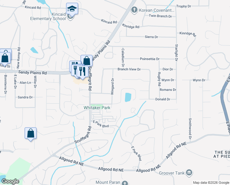 map of restaurants, bars, coffee shops, grocery stores, and more near 1700 Wingard Drive in Marietta