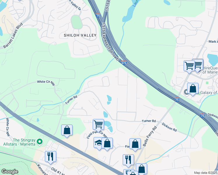 map of restaurants, bars, coffee shops, grocery stores, and more near 371 Shiloh Manor Drive in Marietta