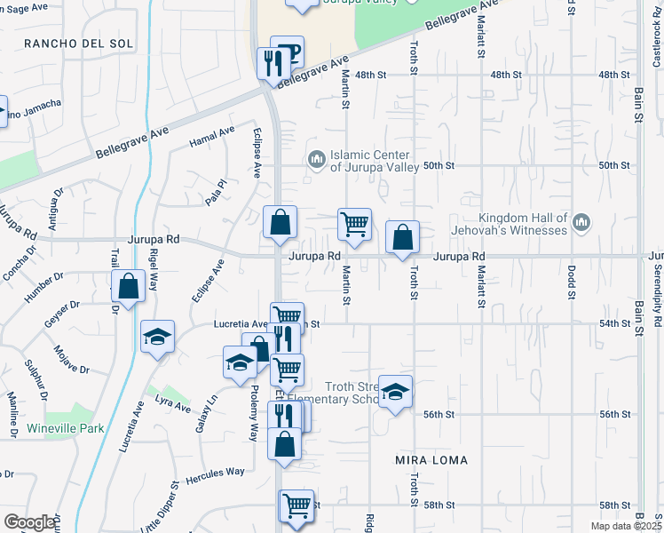 map of restaurants, bars, coffee shops, grocery stores, and more near 10833 Jurupa Road in Jurupa Valley