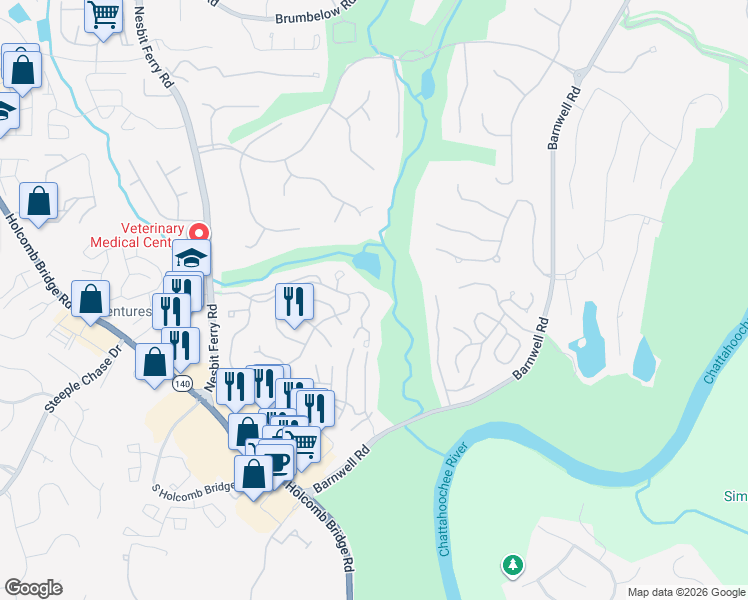 map of restaurants, bars, coffee shops, grocery stores, and more near 40 Colony Ridge Drive in Alpharetta