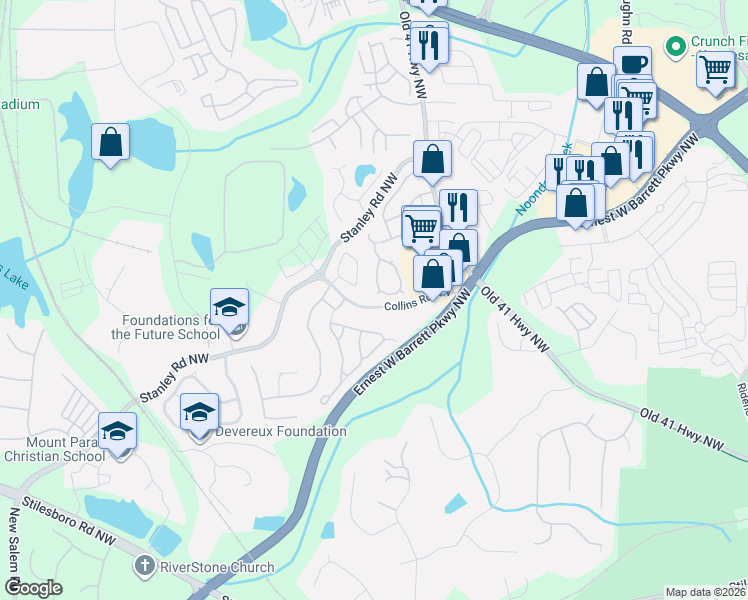 map of restaurants, bars, coffee shops, grocery stores, and more near 1684 Woodsford Road in Kennesaw