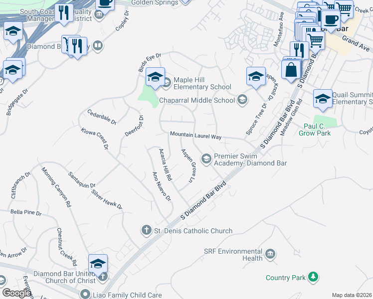 map of restaurants, bars, coffee shops, grocery stores, and more near 1640 Aspen Grove Lane in Diamond Bar