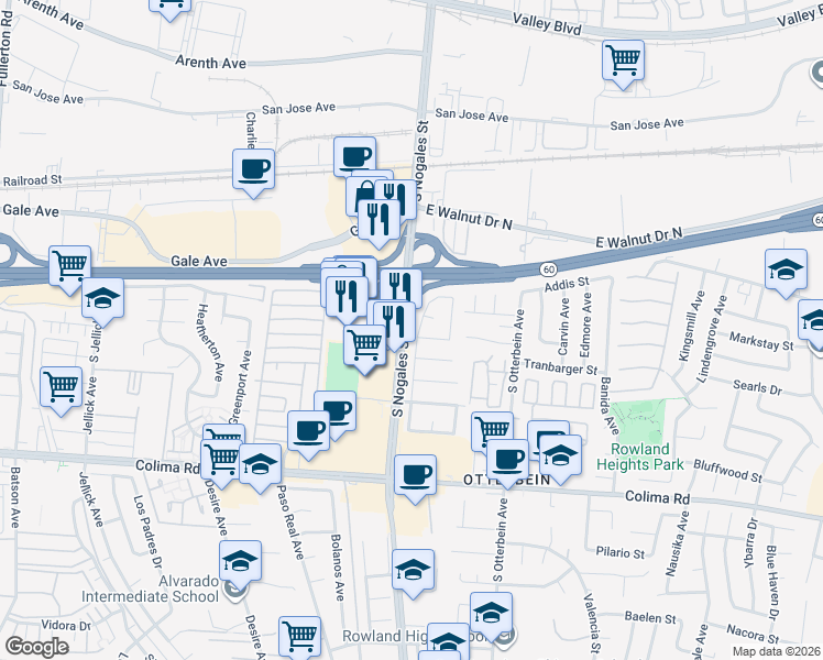 map of restaurants, bars, coffee shops, grocery stores, and more near 1367 Custoza Avenue in Rowland Heights