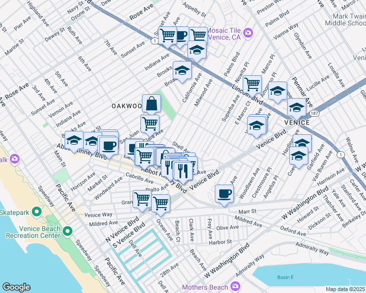 map of restaurants, bars, coffee shops, grocery stores, and more near 703 Palms Boulevard in Los Angeles
