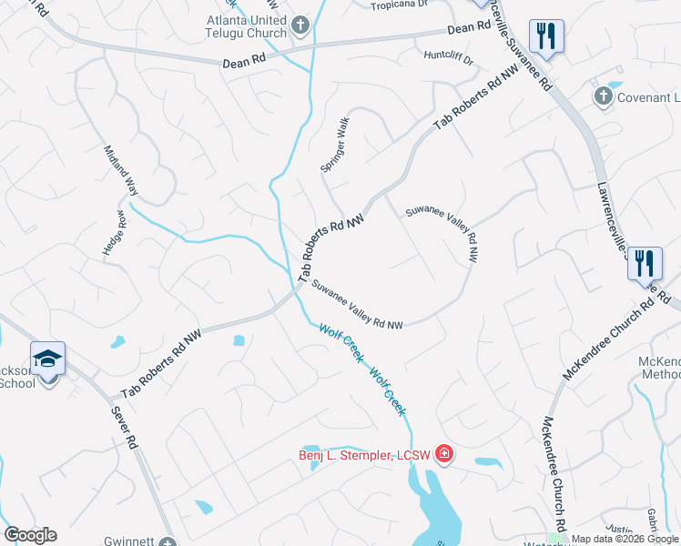map of restaurants, bars, coffee shops, grocery stores, and more near 1736 Suwanee Valley Road Northwest in Lawrenceville
