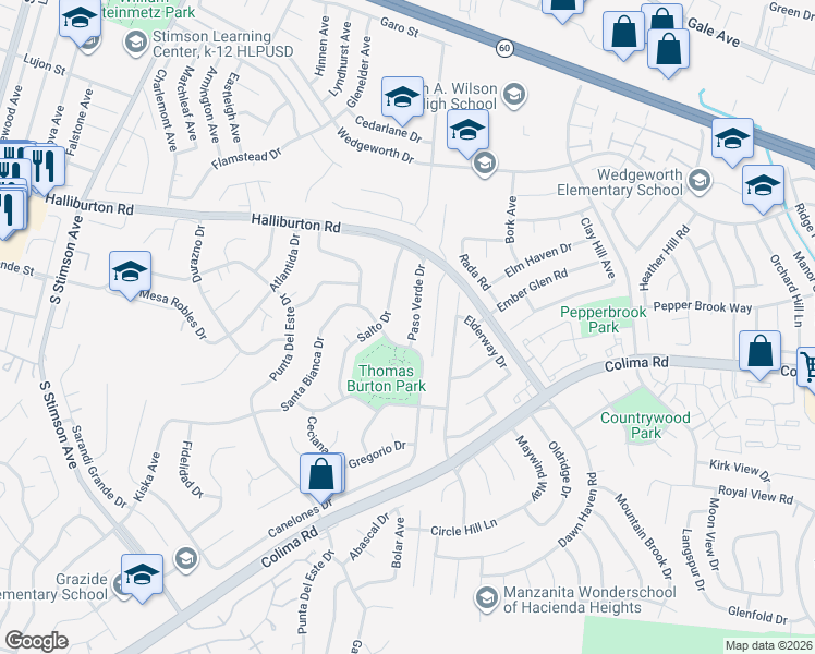 map of restaurants, bars, coffee shops, grocery stores, and more near 2029 Paso Verde Drive in Hacienda Heights