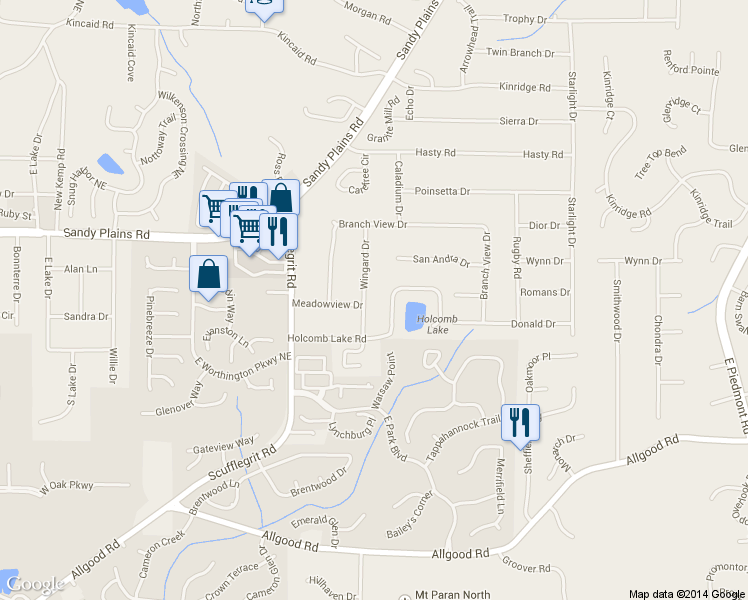 map of restaurants, bars, coffee shops, grocery stores, and more near 1700 Wingard Drive in Marietta
