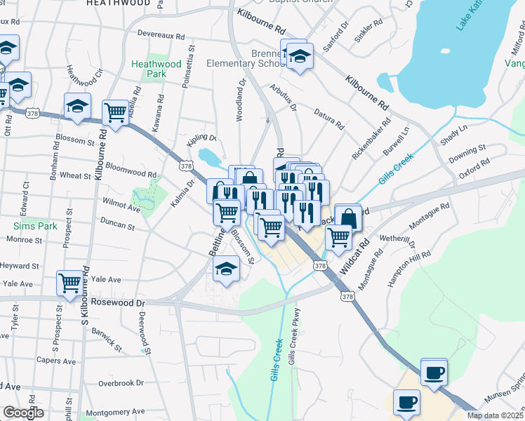 map of restaurants, bars, coffee shops, grocery stores, and more near 724 Beltline Boulevard in Columbia