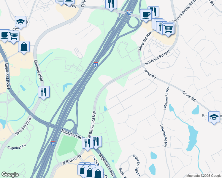 map of restaurants, bars, coffee shops, grocery stores, and more near 1755 North Brown Road in Lawrenceville
