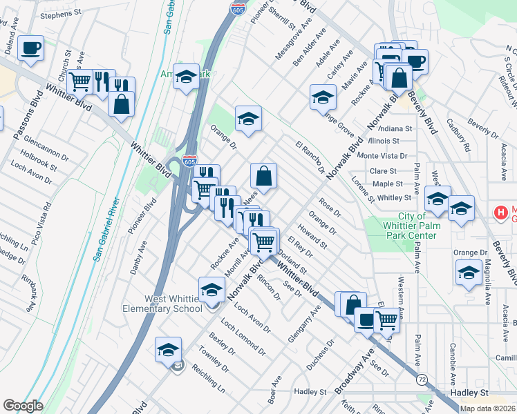 map of restaurants, bars, coffee shops, grocery stores, and more near 5907 Rockne Avenue in Whittier