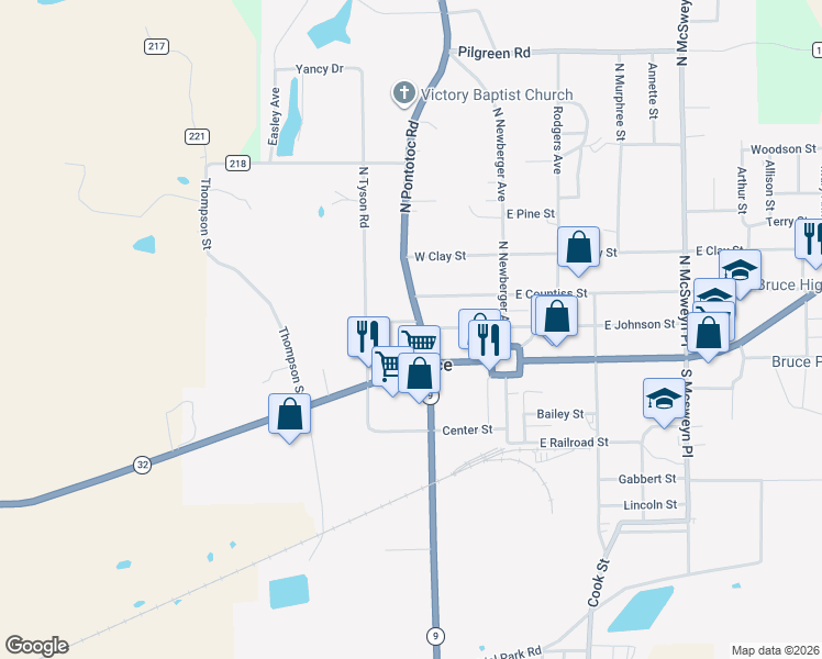 map of restaurants, bars, coffee shops, grocery stores, and more near 117 North Pontotoc Road in Bruce