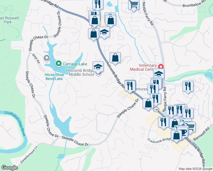 map of restaurants, bars, coffee shops, grocery stores, and more near 140 Holcomb Court in Alpharetta