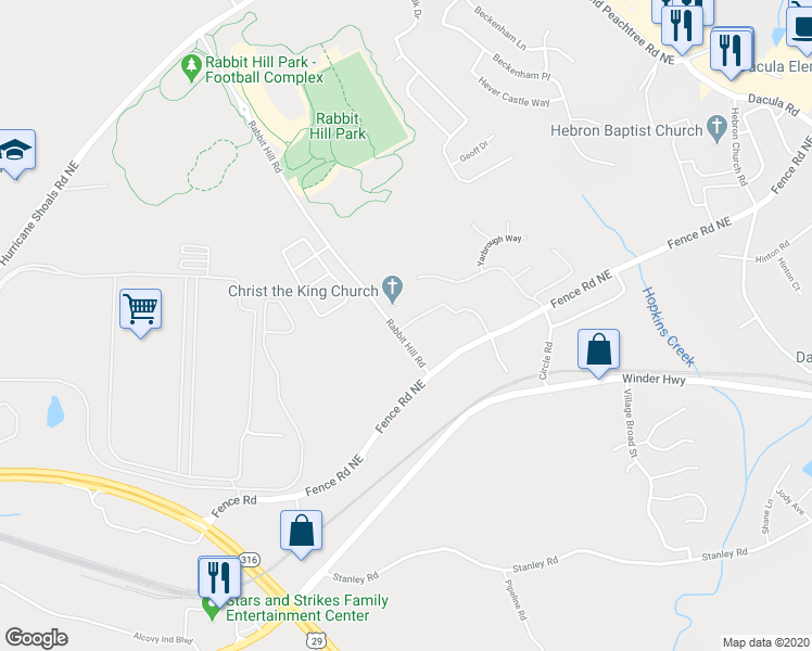 map of restaurants, bars, coffee shops, grocery stores, and more near 228 Rabbit Hill Road in Dacula