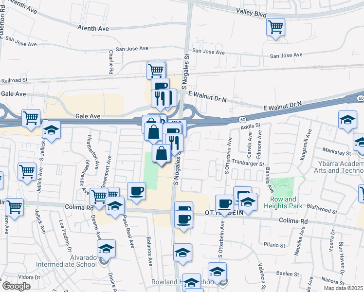 map of restaurants, bars, coffee shops, grocery stores, and more near 1367 Custoza Avenue in Rowland Heights