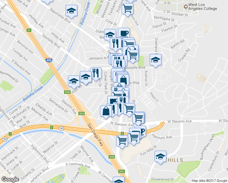 map of restaurants, bars, coffee shops, grocery stores, and more near 11360 Segrell Way in Culver City