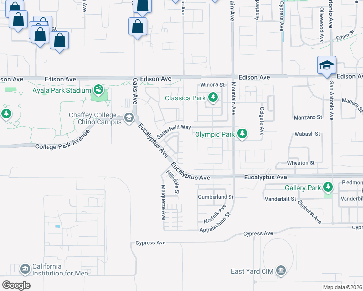 map of restaurants, bars, coffee shops, grocery stores, and more near 14375 Penn Foster Street in Chino