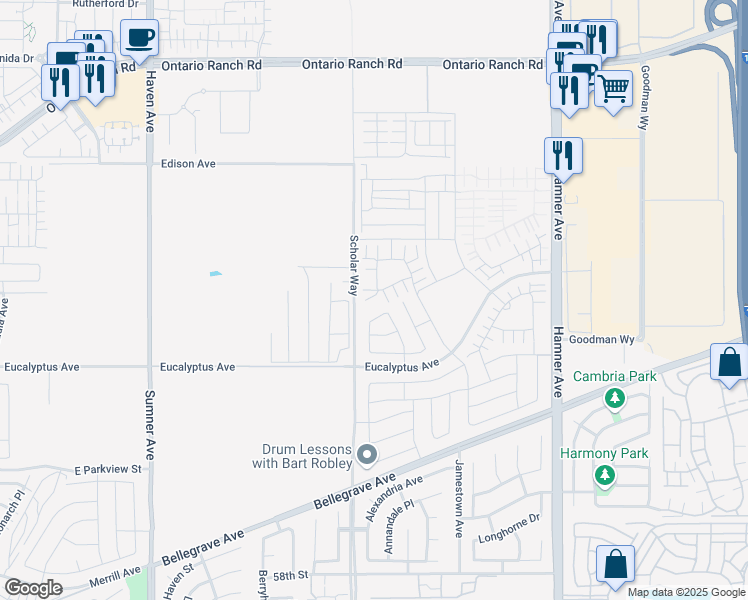 map of restaurants, bars, coffee shops, grocery stores, and more near 3922 East Cambria Privado in Ontario