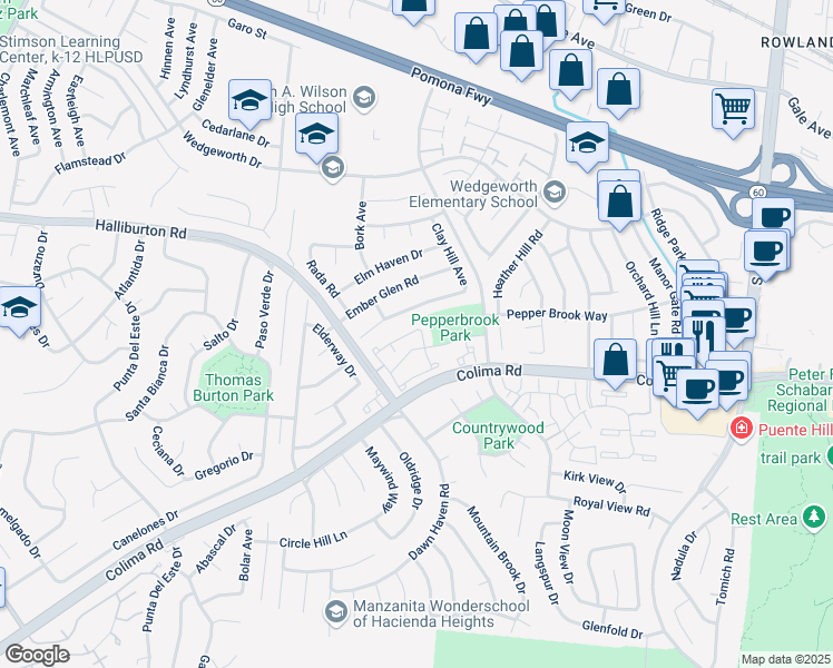 map of restaurants, bars, coffee shops, grocery stores, and more near 16520 Old Forest Road in Hacienda Heights