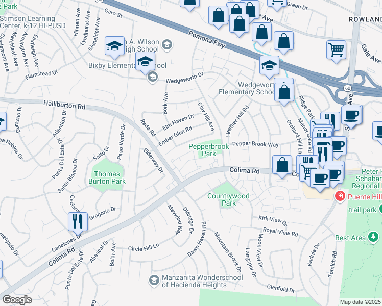 map of restaurants, bars, coffee shops, grocery stores, and more near 1620 Coach Place in Hacienda Heights