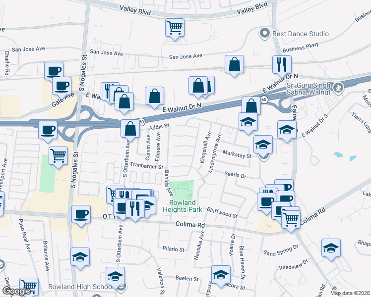 map of restaurants, bars, coffee shops, grocery stores, and more near 19372 Discovery Place in Rowland Heights