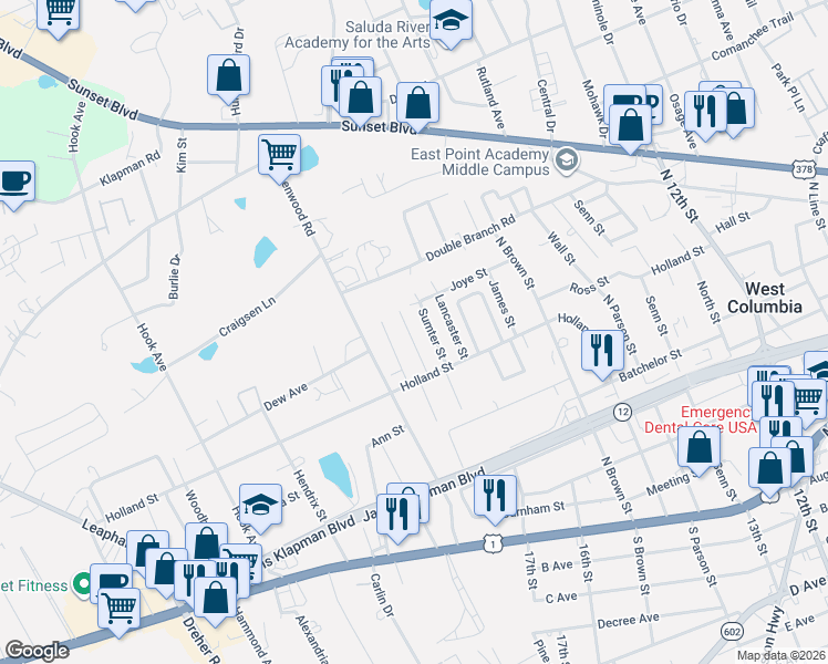 map of restaurants, bars, coffee shops, grocery stores, and more near 638 Sumter Street in West Columbia
