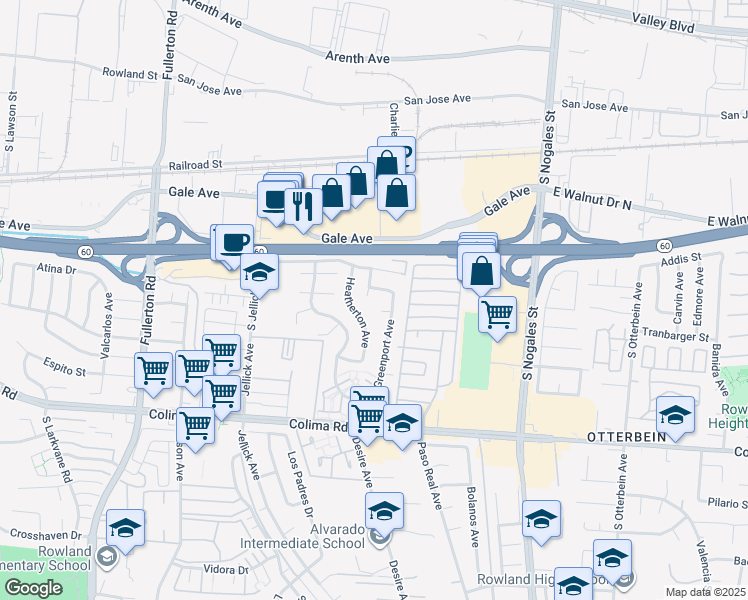 map of restaurants, bars, coffee shops, grocery stores, and more near 1334 Felch Avenue in Rowland Heights