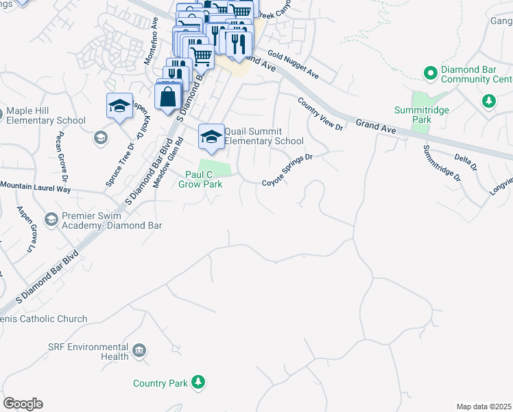 map of restaurants, bars, coffee shops, grocery stores, and more near 1637 Bronze Knoll Road in Diamond Bar