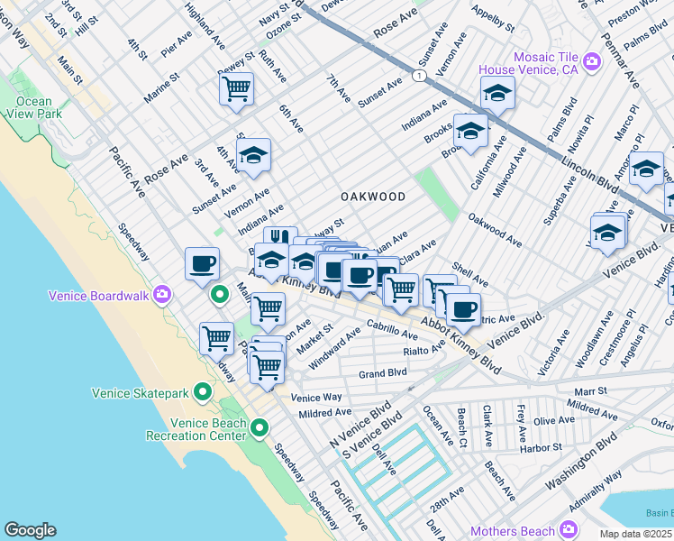 map of restaurants, bars, coffee shops, grocery stores, and more near 1132 5th Avenue in Los Angeles