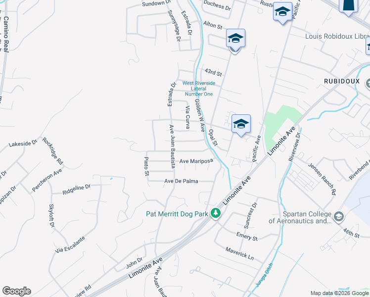 map of restaurants, bars, coffee shops, grocery stores, and more near 6557 Avenida Michaelinda in Riverside