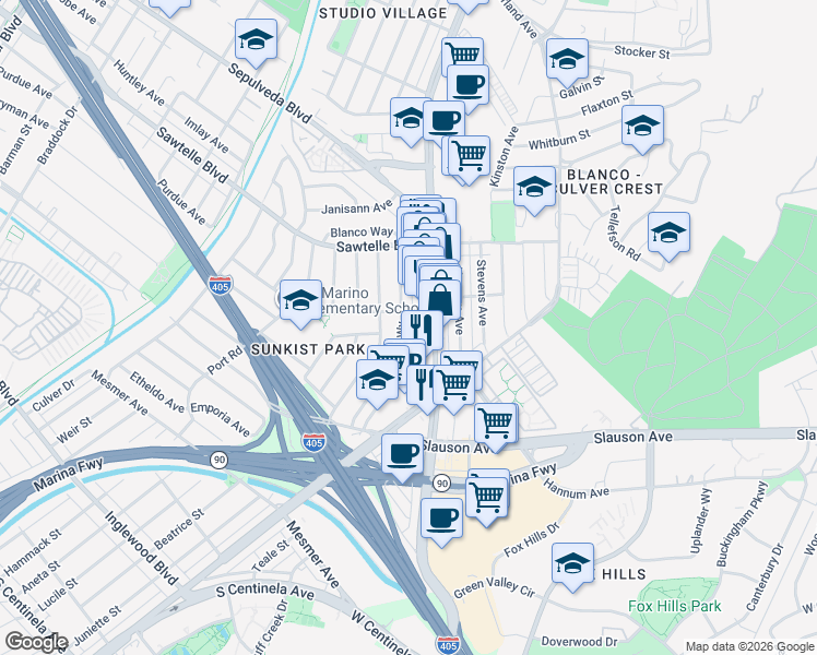 map of restaurants, bars, coffee shops, grocery stores, and more near 11360 Segrell Way in Culver City
