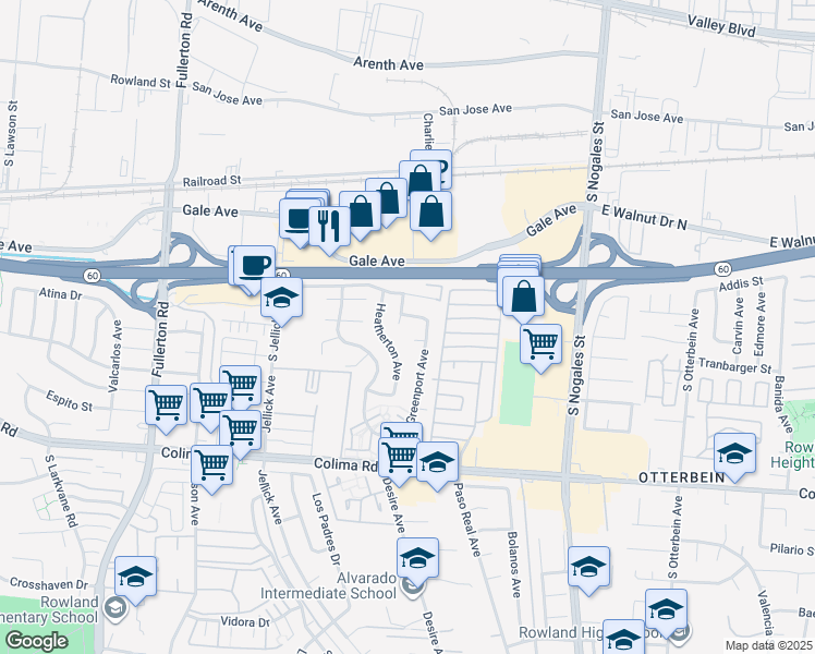 map of restaurants, bars, coffee shops, grocery stores, and more near 1334 Felch Avenue in Rowland Heights