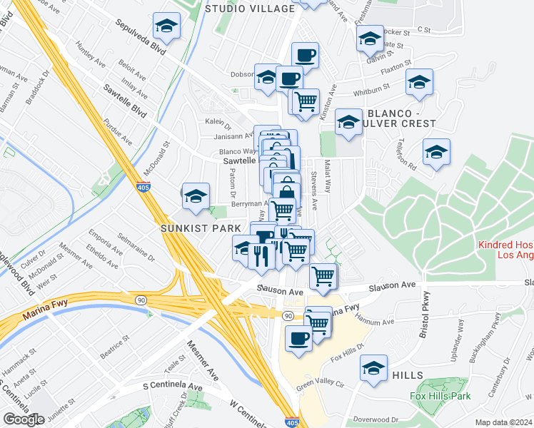 map of restaurants, bars, coffee shops, grocery stores, and more near 11360 Segrell Way in Culver City