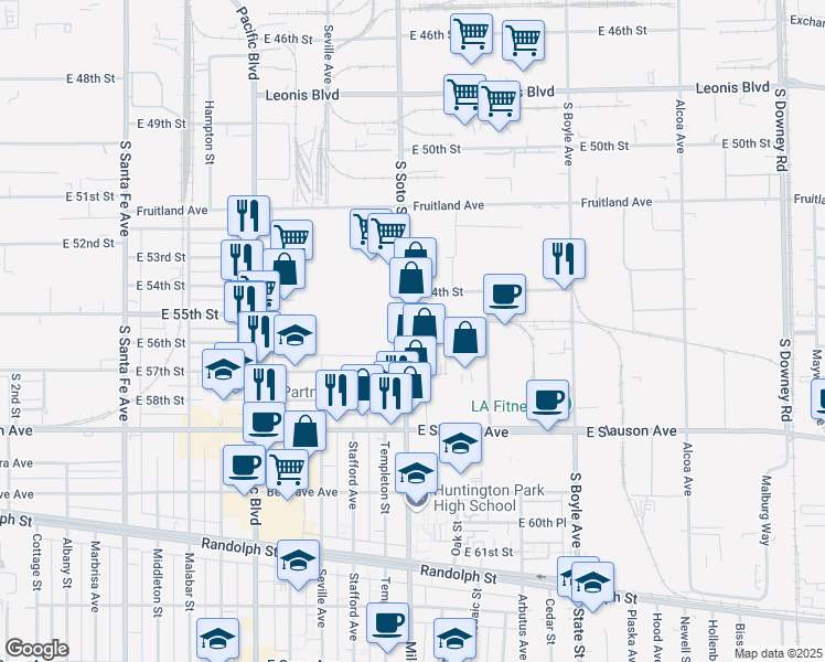 map of restaurants, bars, coffee shops, grocery stores, and more near 5510 South Soto Street in Vernon