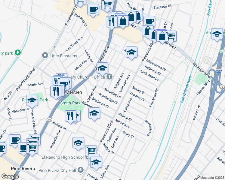 map of restaurants, bars, coffee shops, grocery stores, and more near 5515 Citronell Avenue in Pico Rivera