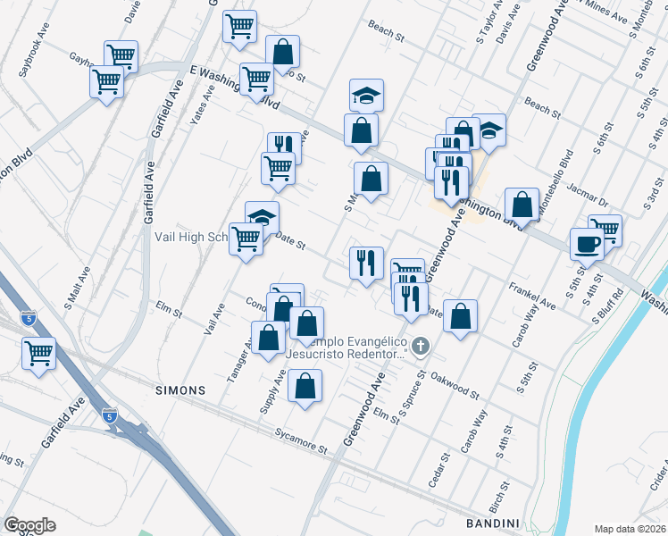 map of restaurants, bars, coffee shops, grocery stores, and more near 1425 Date Street in Montebello
