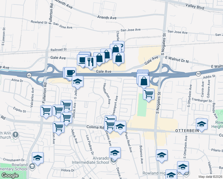 map of restaurants, bars, coffee shops, grocery stores, and more near 1334 Felch Avenue in Rowland Heights