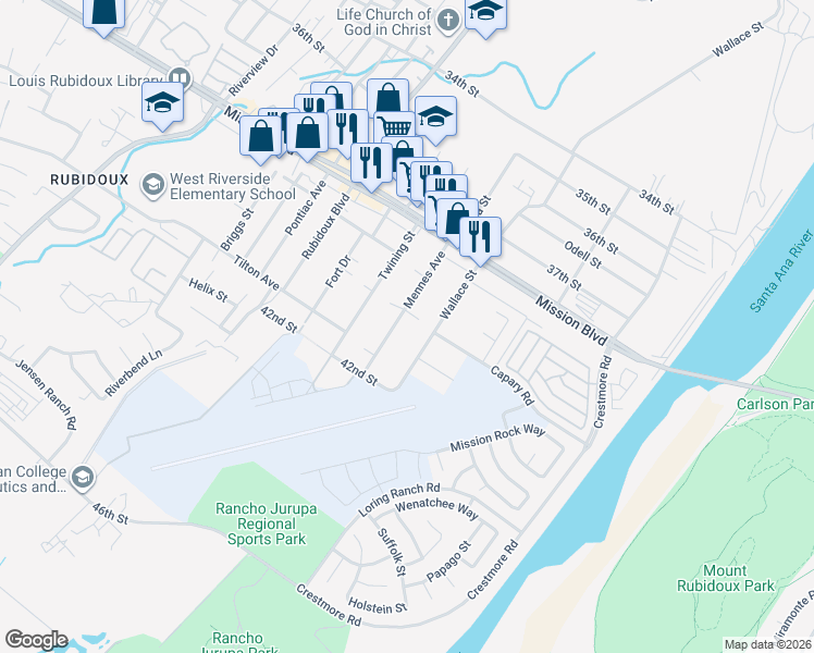 map of restaurants, bars, coffee shops, grocery stores, and more near 3970 Mennes Avenue in Riverside