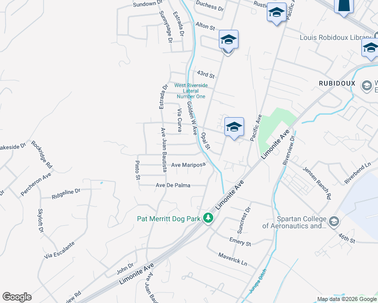 map of restaurants, bars, coffee shops, grocery stores, and more near 6509 Vía Florencia in Riverside