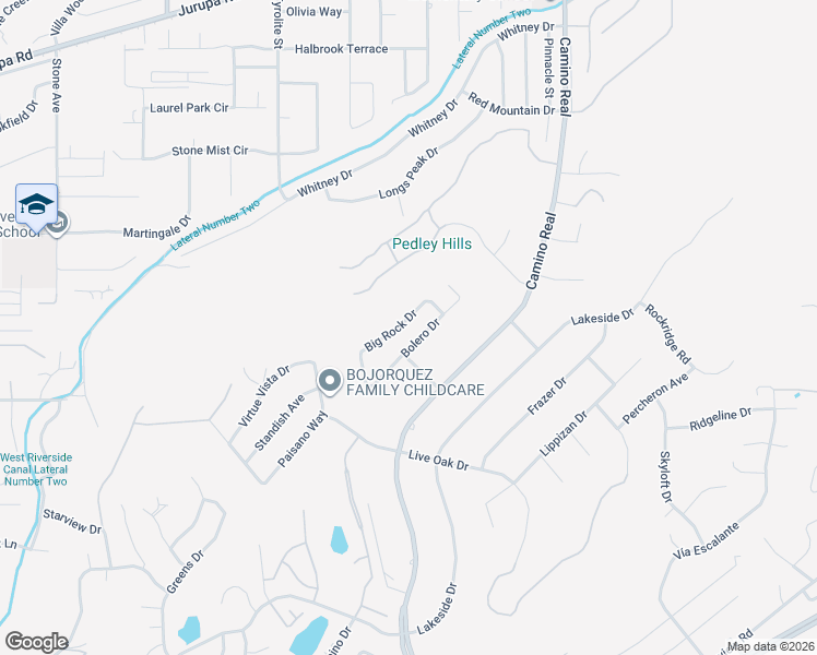 map of restaurants, bars, coffee shops, grocery stores, and more near 7761 Big Rock Drive in Riverside