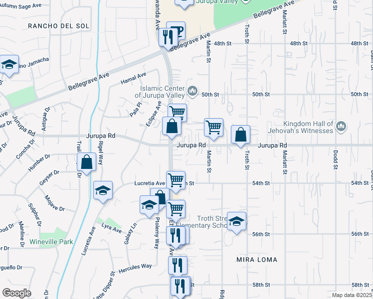 map of restaurants, bars, coffee shops, grocery stores, and more near 10929 Jurupa Road in Jurupa Valley