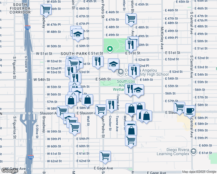 map of restaurants, bars, coffee shops, grocery stores, and more near 301-399 East 55th Street in Los Angeles