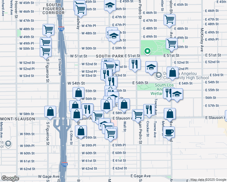 map of restaurants, bars, coffee shops, grocery stores, and more near 5414 South Main Street in Los Angeles