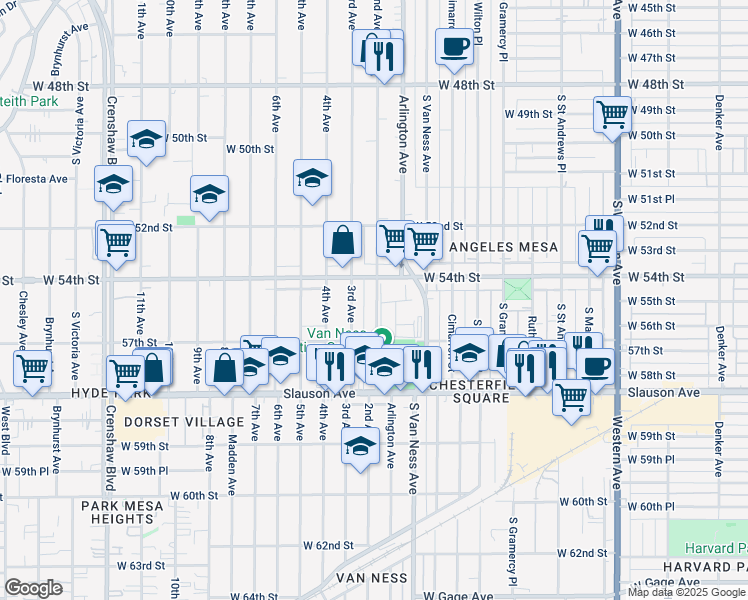 map of restaurants, bars, coffee shops, grocery stores, and more near 2418 West 54th Street in Los Angeles