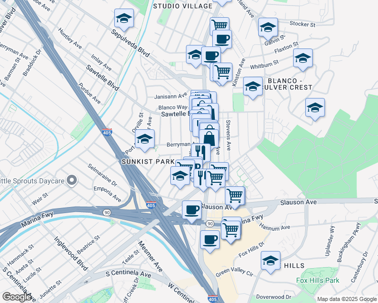 map of restaurants, bars, coffee shops, grocery stores, and more near 11293 Segrell Way in Culver City
