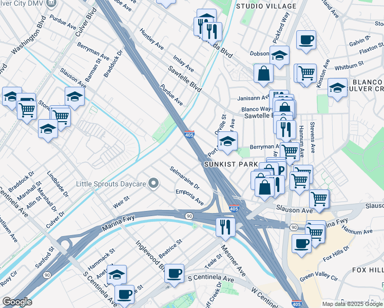map of restaurants, bars, coffee shops, grocery stores, and more near 5164 Dawes Avenue in Culver City