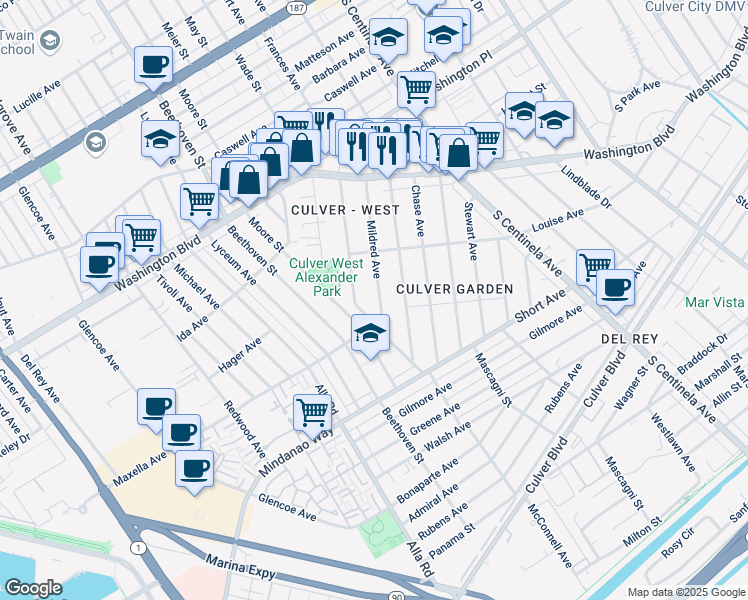 map of restaurants, bars, coffee shops, grocery stores, and more near 4240 McConnell Boulevard in Los Angeles