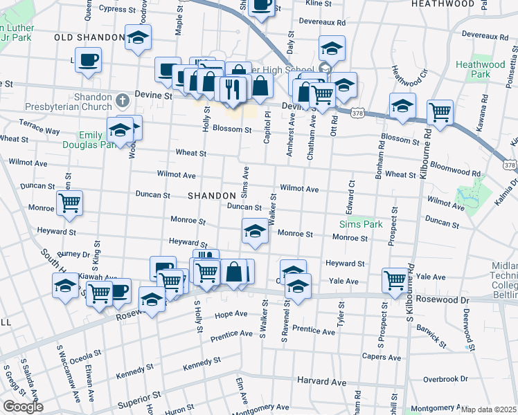 map of restaurants, bars, coffee shops, grocery stores, and more near 326 Sims Avenue in Columbia