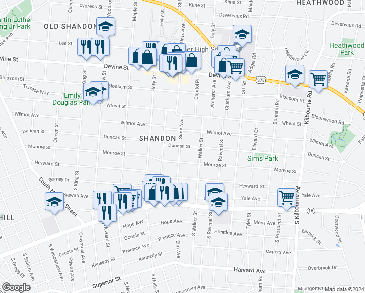 map of restaurants, bars, coffee shops, grocery stores, and more near 326 Sims Avenue in Columbia